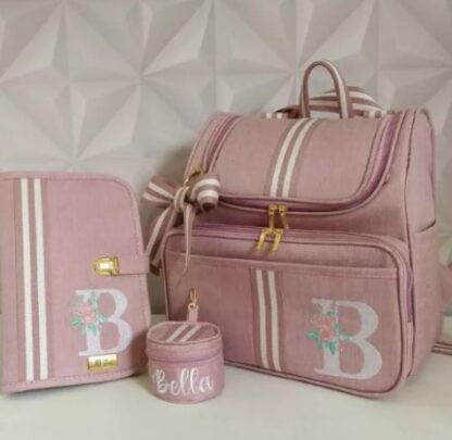 Kit Mochila Maternidade Linho Rosa com fita listras