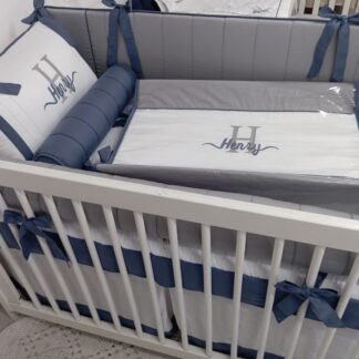 Kit Berço Percal 400 fios Cinza e Petróleo